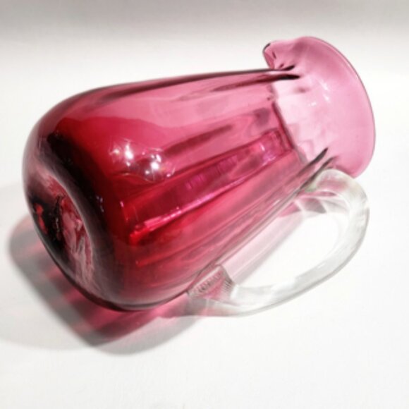 Hand-Blown Pilgrim Cranberry Style Glass Int Optic Ribbed 7" Pitcher Jug Vase - Picture 9 of 11